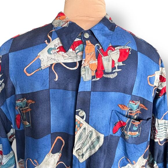 Vintage Campia Moda BBQ Shirt XL Blue Checked Grill Apron Print Rayon Boxy Camp - Picture 2 of 9